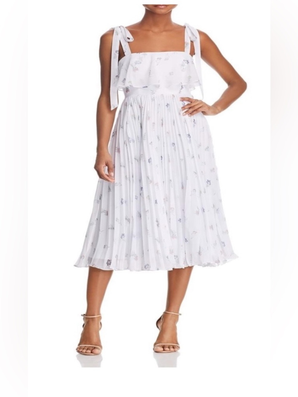 Fame and Partners White Pleated Midi Dress with Delicate Floral Size 4